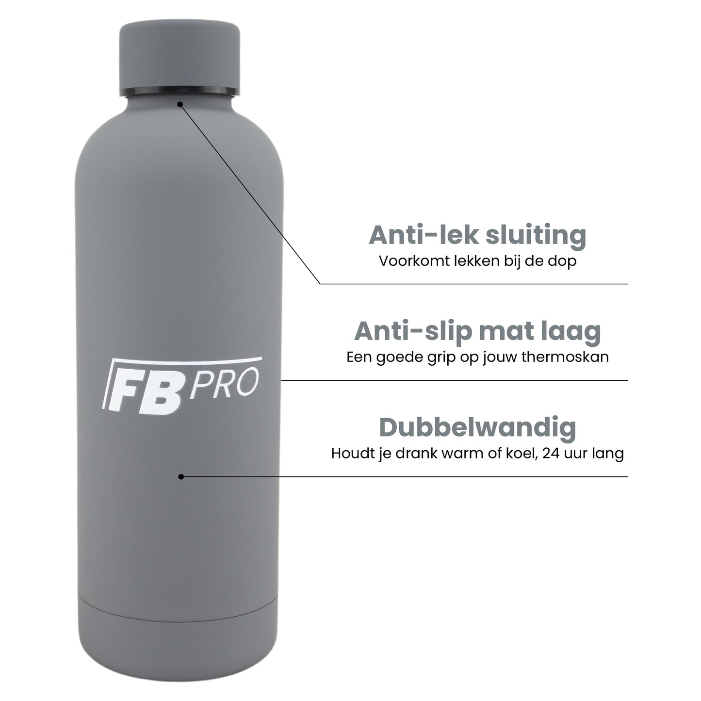 Thermosfles - Stevige RVS Thermoskan - 500ml - Matte Grijs