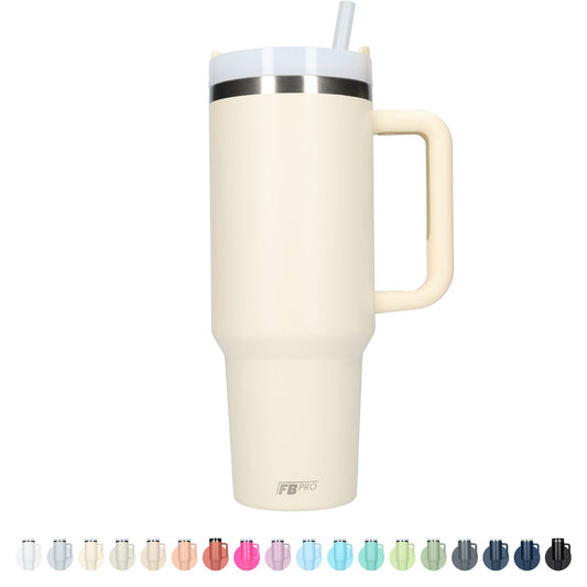 Thermos drinkbeker tumbler 1.2L met handvat en rietje - 1200 ML - Beige