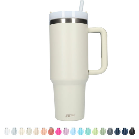 Thermos drinkbeker tumbler 1.2L met handvat en rietje - 1200 ML - Crème