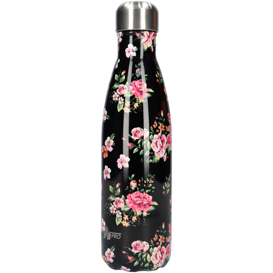 Thermosfles - Waterfles - Drinkfles slank 500ml - Classic Black Flowers - Klassieke Zwarte Bloemen