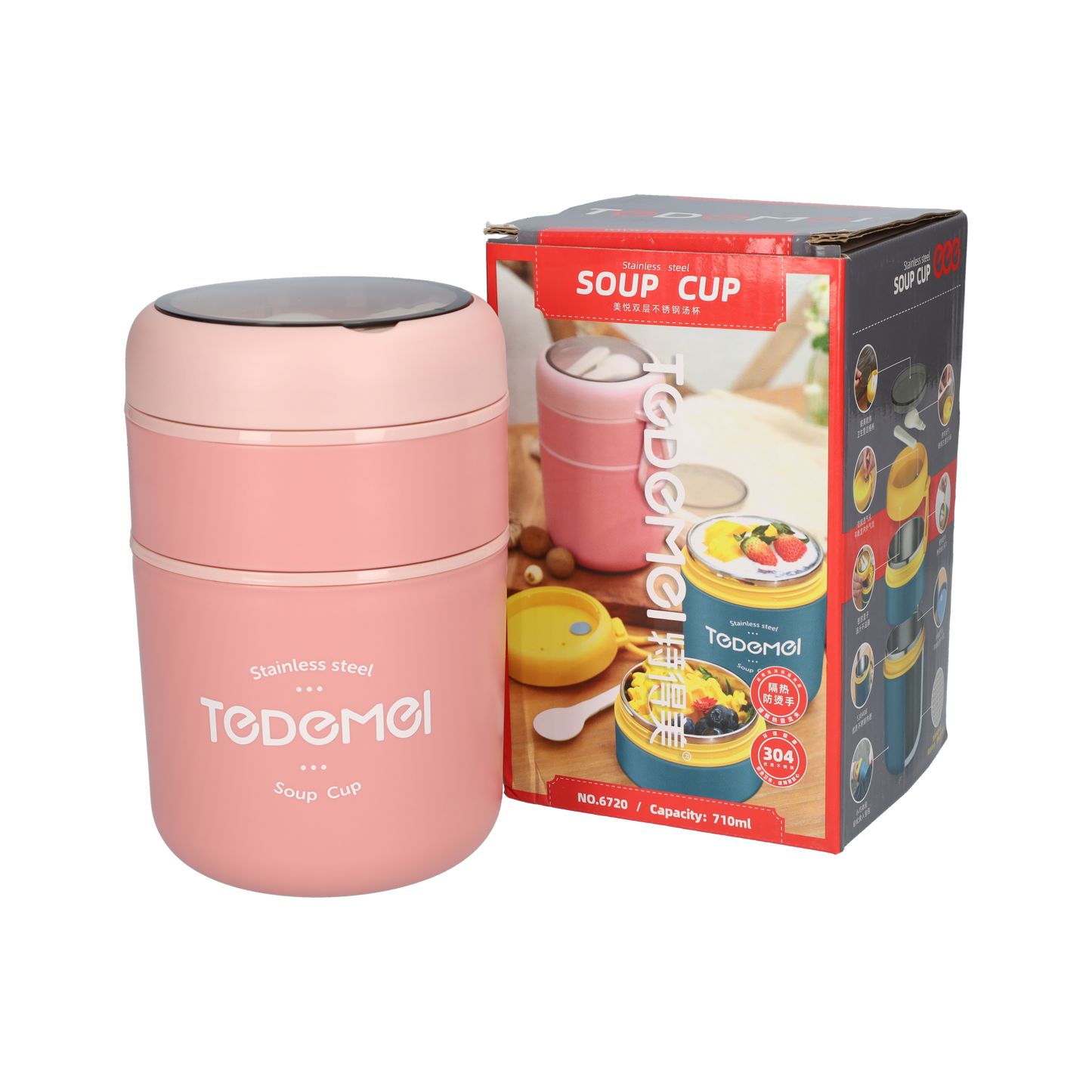 2 Laags Voedselcontainer - Thermos Voedsel Container - Soepbeker to go - Roze